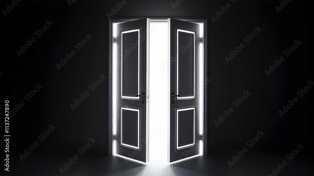 A set of open doors glowing in darkness. A set of open doors glowing in darkness.