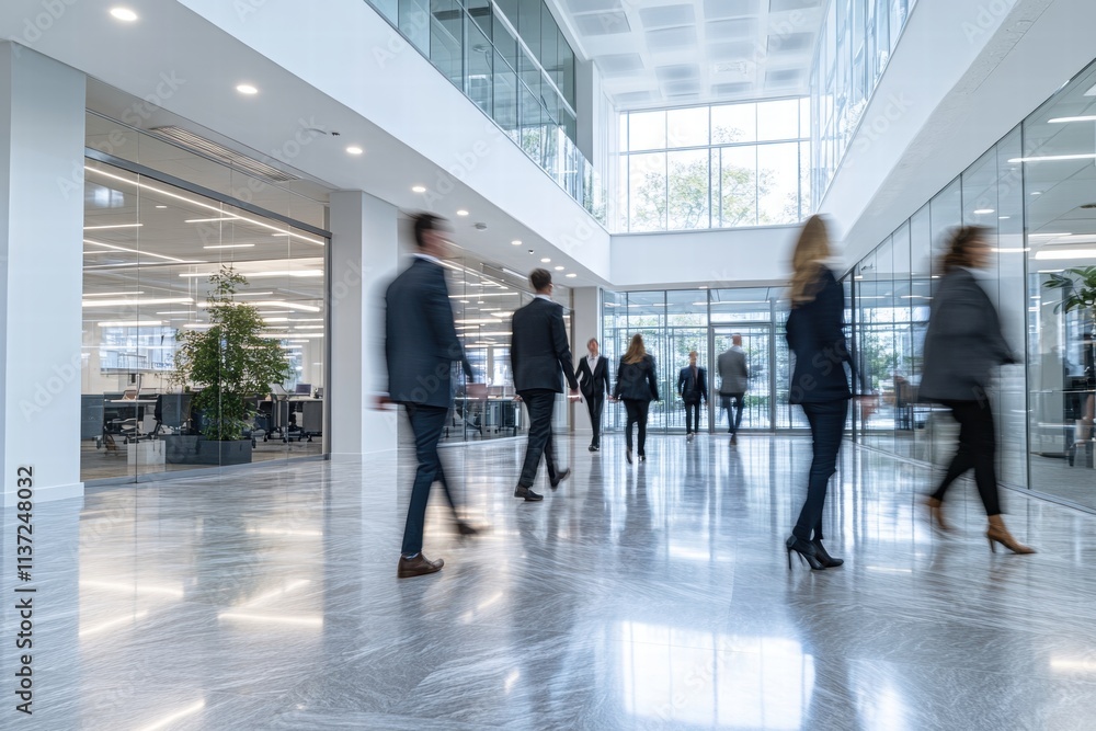 Blurred Business People Walking in Modern Office Lobby Blurred Business People Walking in Modern Office Lobby