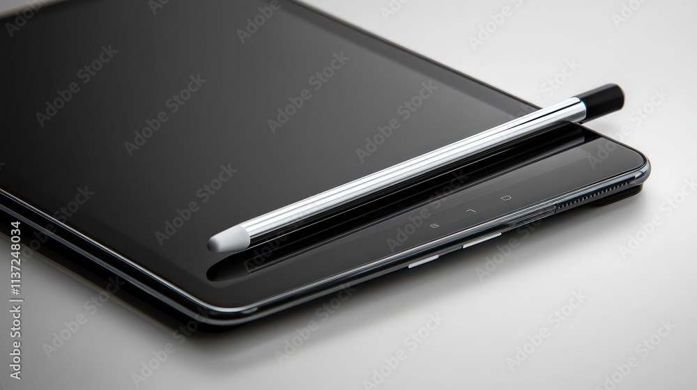 Detailed view of a digital tablet stylus resting on its holder beside a sleek tablet Detailed view of a digital tablet stylus resting on its holder beside a sleek tablet