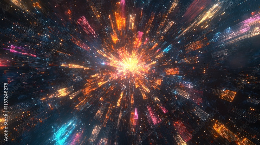 Abstract vibrant light beams exploding from a central point, creating a dynamic and energetic visual. Abstract vibrant light beams exploding from a central point, creating a dynamic and energetic visual.