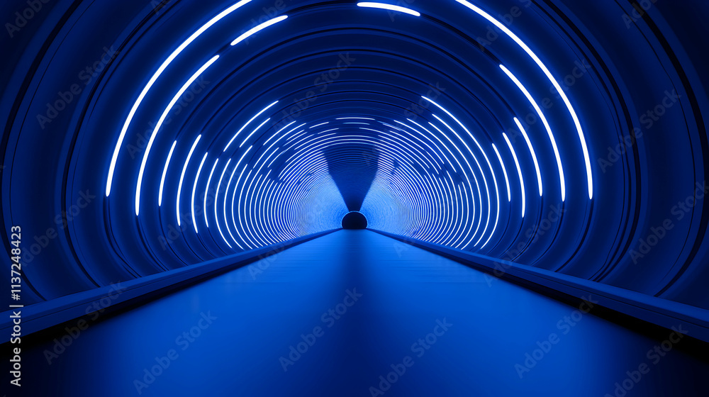 Naklejka premium Futuristic tunnel illuminated in blue lights.