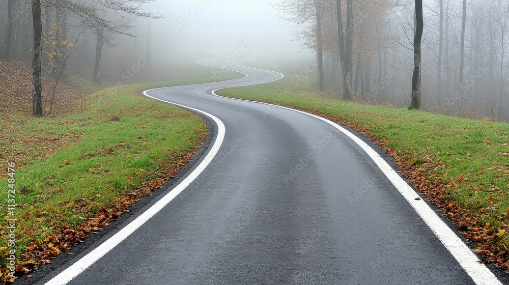 Fototapeta premium Winding Road Through Misty Autumn Forest