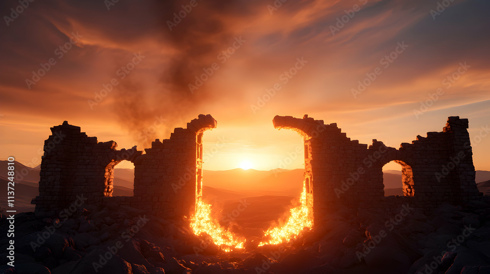 Obraz premium Ruins glowing with fire at sunset.