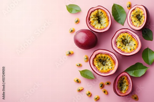 Wallpaper Mural Vibrant Display of Fresh Passion Fruits on a Soft Pink Background with Leaves and Seeds Highlighting Their Juicy and Exotic Nature Torontodigital.ca