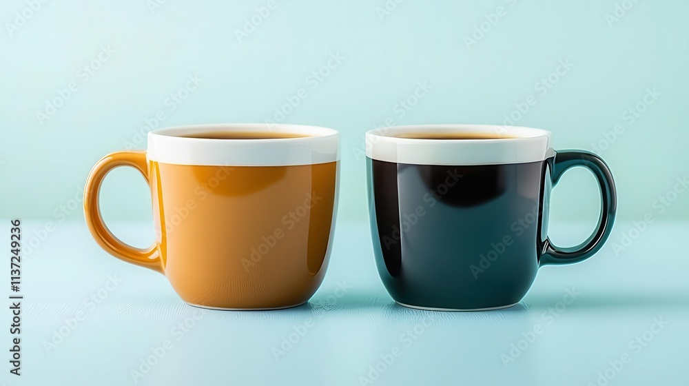 Two stylish cups, one orange and one black, filled with coffee, set against a light blue background, creating a modern and inviting atmosphere. Two stylish cups, one orange and one black, filled with coffee, set against a light blue background, creating a modern and inviting atmosphere.