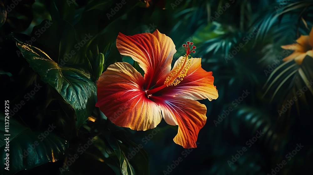 Naklejka premium A vibrant orange hibiscus flower blooms in lush foliage