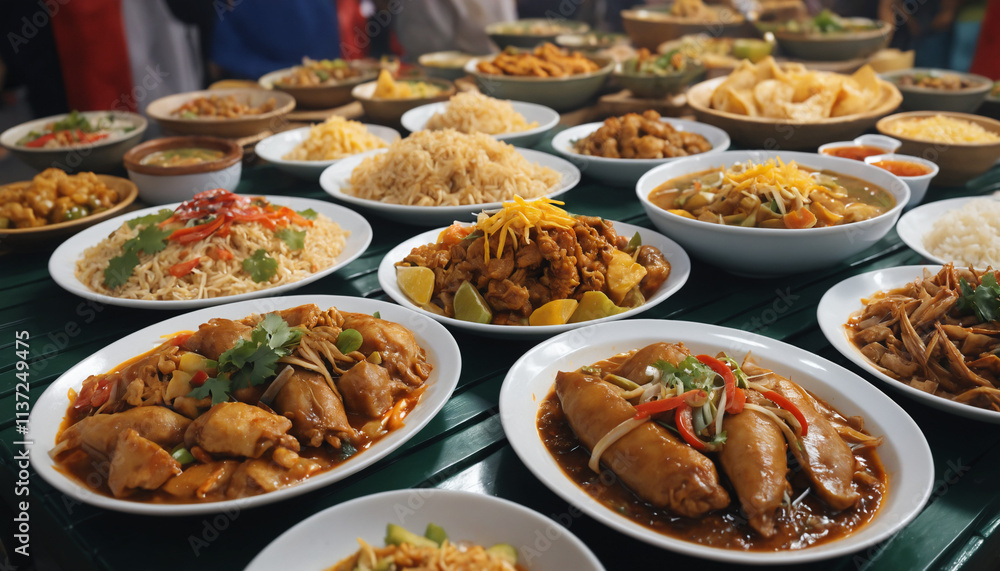 a Filipino main dishes, set against a blurry night market, Ai generated images a Filipino main dishes, set against a blurry night market, Ai generated images