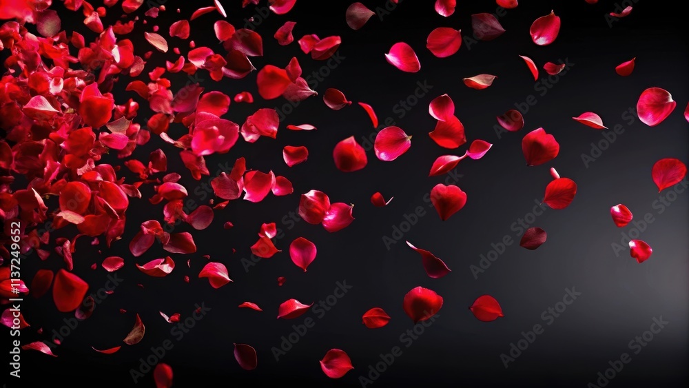 Red colorful petals rose flying animation on black background, love and valentine day festive holiday, red, petals Red colorful petals rose flying animation on black background, love and valentine day festive holiday, red, petals