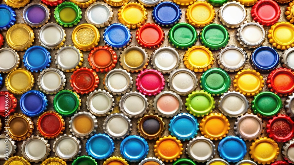 Beer bottle caps arranged in a colorful display , Beer, bottle caps, alcohol, drinks, recycling, collection, metal, round, craft beer Beer bottle caps arranged in a colorful display , Beer, bottle caps, alcohol, drinks, recycling, collection, metal, round, craft beer