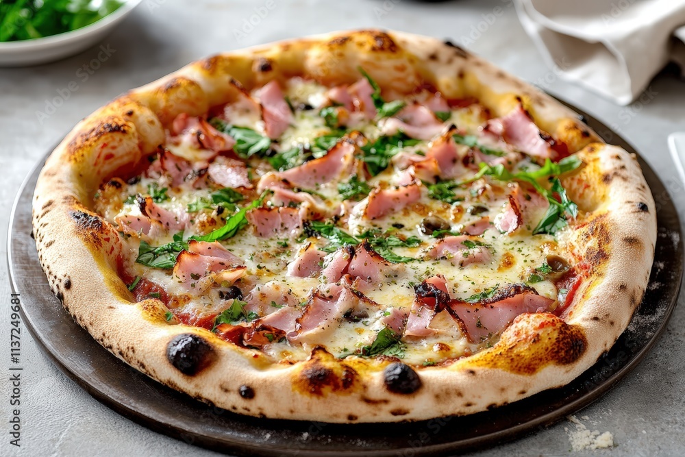 Delicious Italian Pizza Topped with Speck, Fresh Greens, and Rich Tomato Sauce Ready to Delight Every Pizza Lover's Palate Delicious Italian Pizza Topped with Speck, Fresh Greens, and Rich Tomato Sauce Ready to Delight Every Pizza Lover's Palate