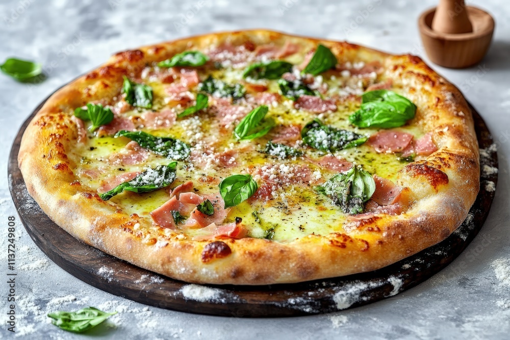 Delicious Italian Pizza Topped with Fresh Basil, Speck, and Flavorful Tomato Sauce on Rustic Wooden Board Delicious Italian Pizza Topped with Fresh Basil, Speck, and Flavorful Tomato Sauce on Rustic Wooden Board