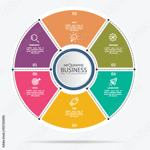 Infographic with icons and 6 steps processes. Business data visualization for presentation, diagram, web site