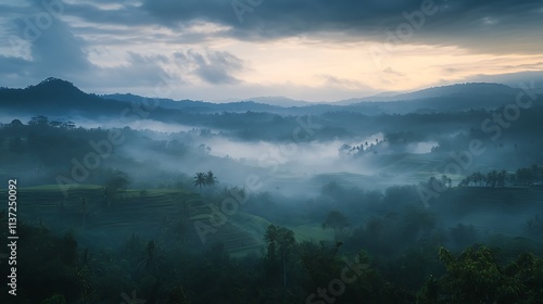 Misty Sunrise Over Lush Green Rice Terraces