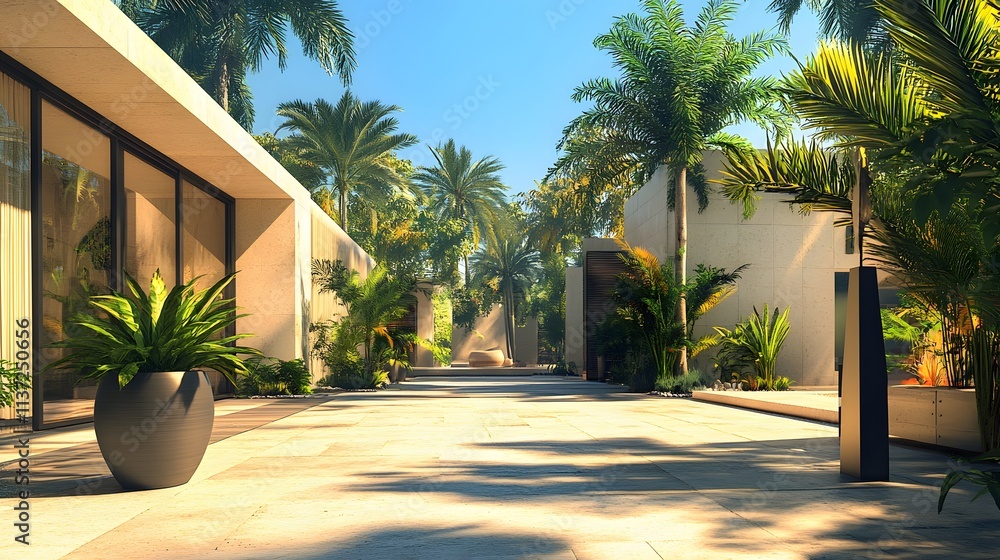 Fototapeta premium Modern Tropical Courtyard Pathway Design With Lush Greenery