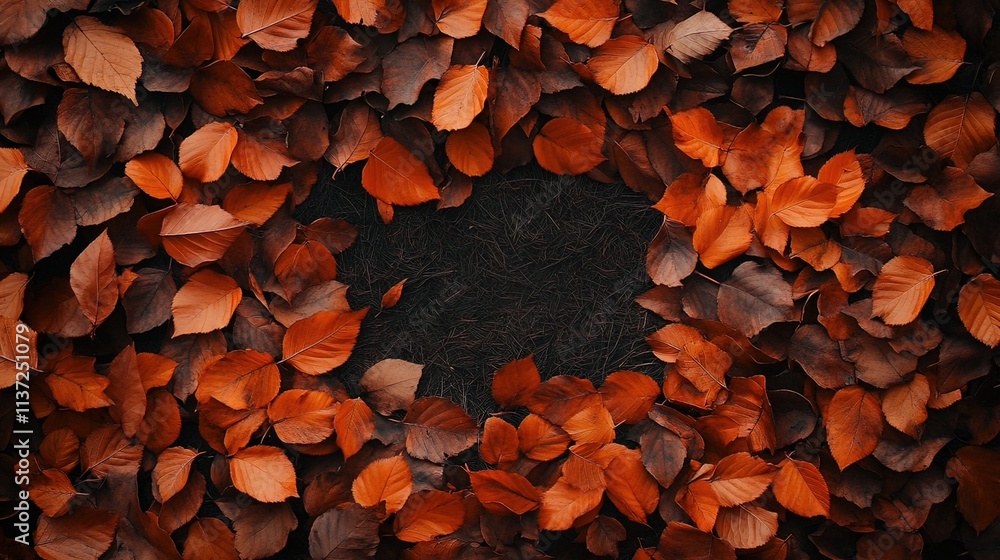 Autumn leaves frame with dark center, overhead shot. Autumn leaves frame with dark center, overhead shot.