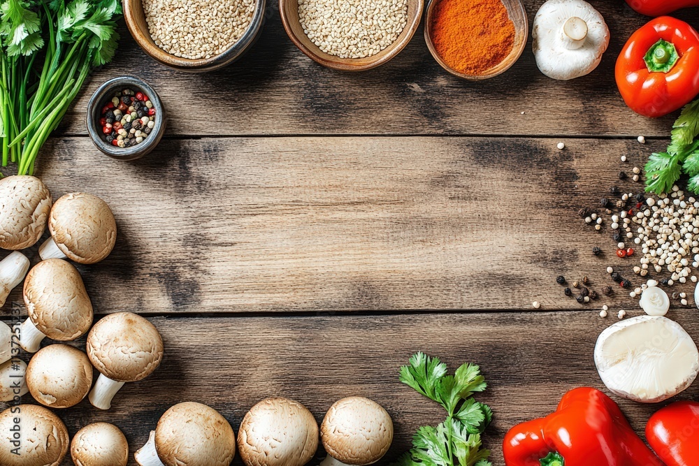 Fresh Vegetables and Spices on Wooden Table for Cooking and Food Preparation with Colorful Ingredients and Rustic Background Fresh Vegetables and Spices on Wooden Table for Cooking and Food Preparation with Colorful Ingredients and Rustic Background