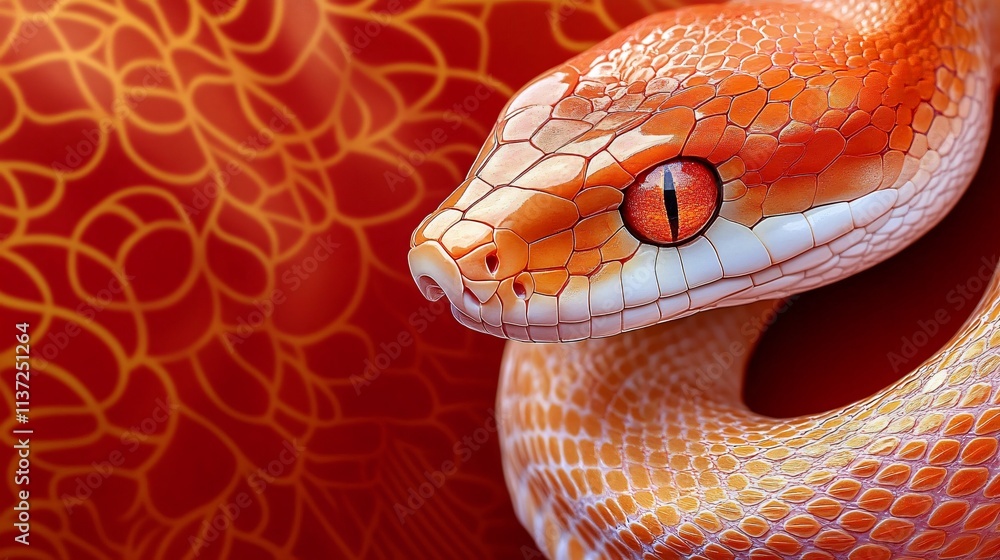 A close-up of a striking orange and cream snake against a rich red background, ideal for Year of the Snake celebrations, nature-themed designs, or wildlife education. A close-up of a striking orange and cream snake against a rich red background, ideal for Year of the Snake celebrations, nature-themed designs, or wildlife education.