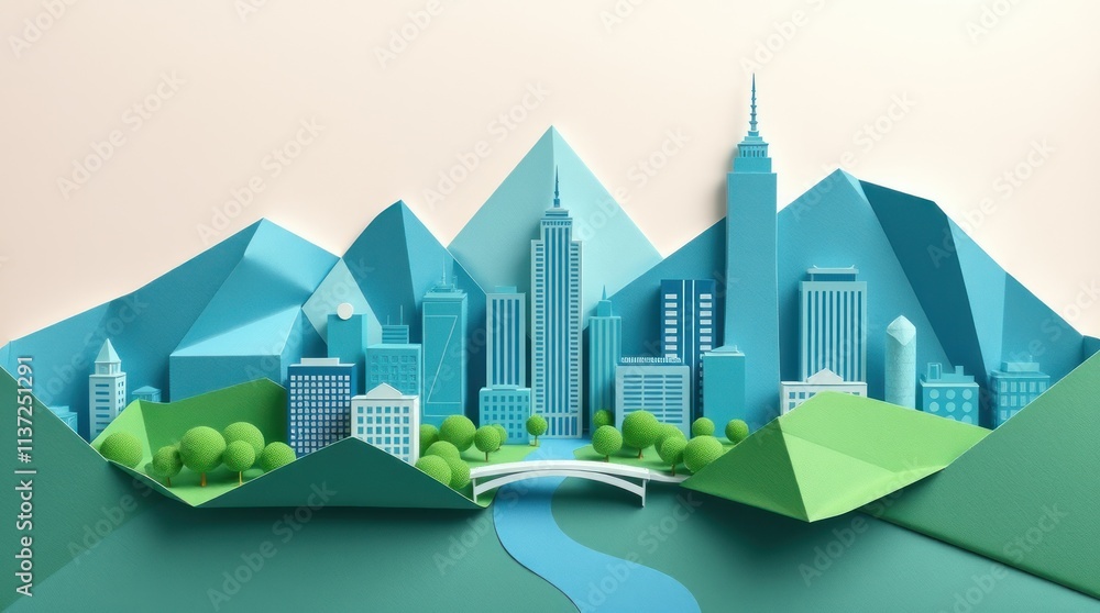 A stylized paper-cut landscape featuring mountains and a city skyline. A stylized paper-cut landscape featuring mountains and a city skyline.