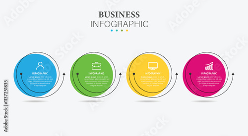 Infographic design with icons and 4 circle steps option for business template.