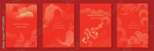 Chinese New Year 2025 greeting card background vector. Year of the Snake design with snake, lantern, fish, wave, dot texture. Elegant oriental illustration for cover, poster, red envelope, calendar.