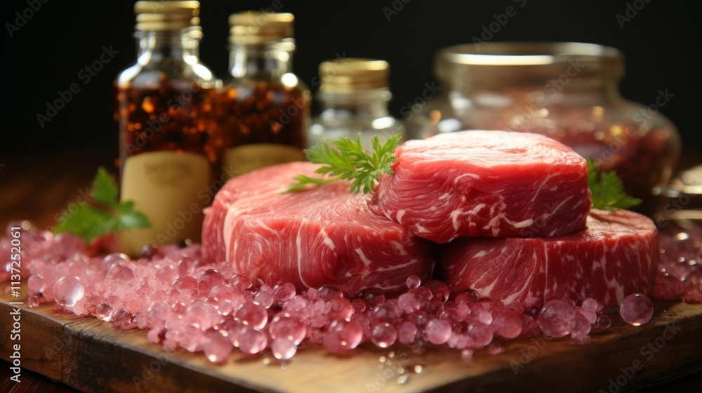 A table with three pieces of meat and a jar of sauce A table with three pieces of meat and a jar of sauce