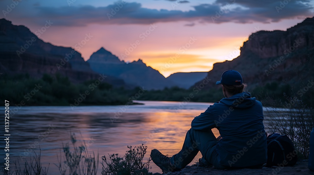Person Silhouetted Against Sunset Over Canyon River Person Silhouetted Against Sunset Over Canyon River