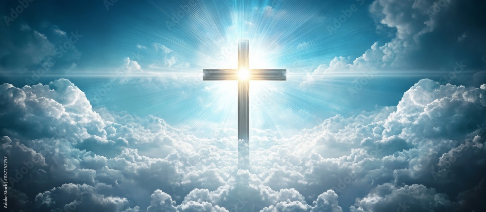 Serene digital illustration of a cross surrounded by fluffy clouds in a deep blue sky, illuminated by bright sunlight Serene digital illustration of a cross surrounded by fluffy clouds in a deep blue sky, illuminated by bright sunlight