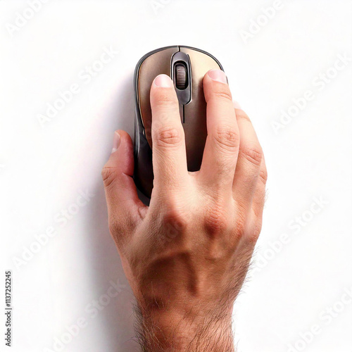 Top view of a hand on a brown computer mouse, isolated on a white background. Clean and minimal design. Generated image
