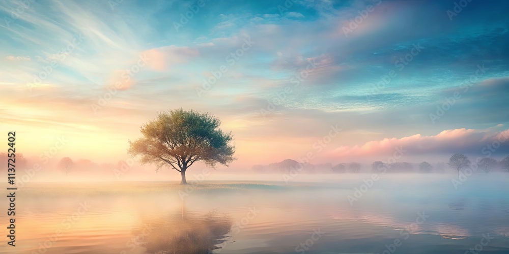 Fototapeta premium A solitary tree stands tall against the backdrop of a pastel sky, its reflection shimmering in the calm waters of a misty lake.