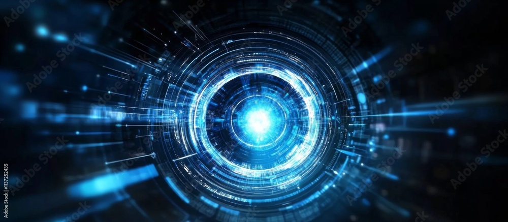 Futuristic and technological digital art featuring a circular tunnel design in shades of blue and white on dark background Futuristic and technological digital art featuring a circular tunnel design in shades of blue and white on dark background