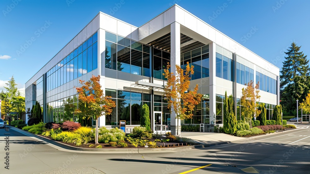 Obraz premium A modern office building exterior with large glass windows, surrounded by urban landscaping.