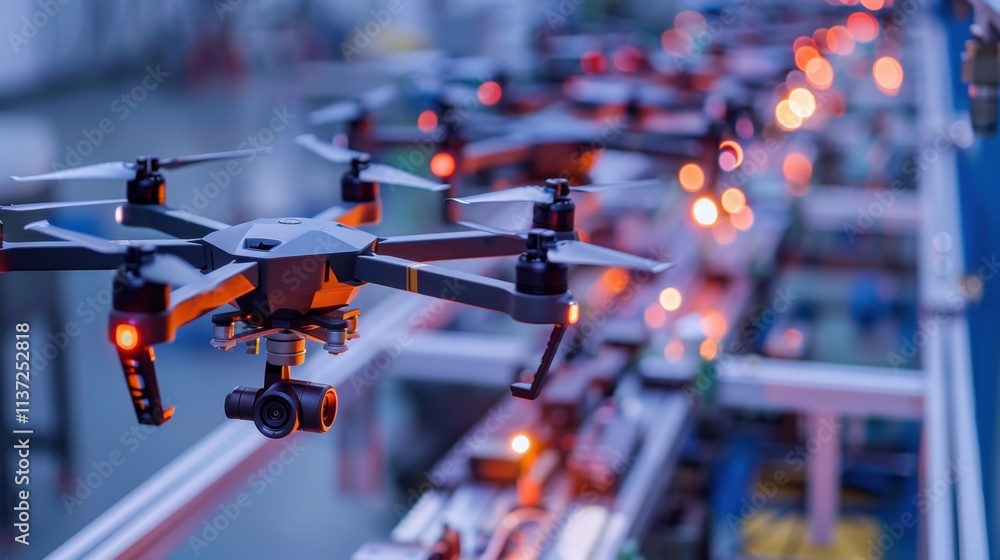 Obraz premium Drone Manufacturing Facility: Builds advanced drones for commercial and military use, focusing on high-performance models tailored to meet specific operational needs. 