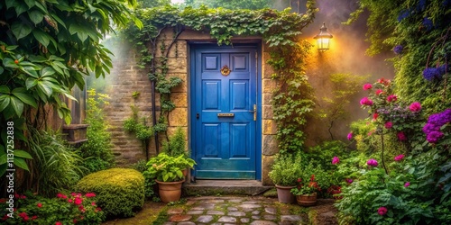 A mystical blue door in a lush garden bathed in soft sunlight, whispering secrets through the leaves.