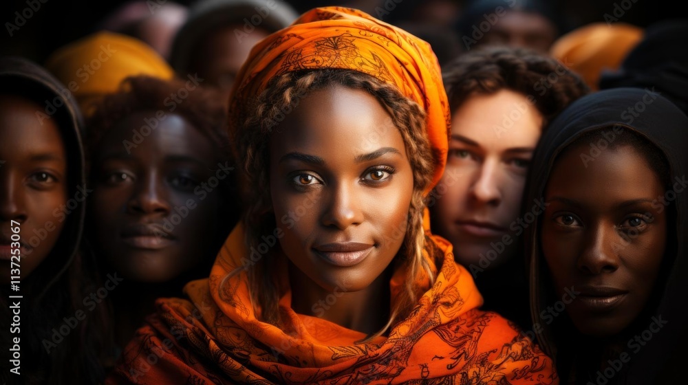 A group of people wearing orange scarves and hats A group of people wearing orange scarves and hats