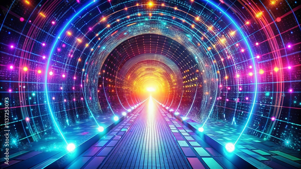 A pathway illuminated by vibrant circular lights leading to a glowing tunnel of light in a digital landscape A pathway illuminated by vibrant circular lights leading to a glowing tunnel of light in a digital landscape