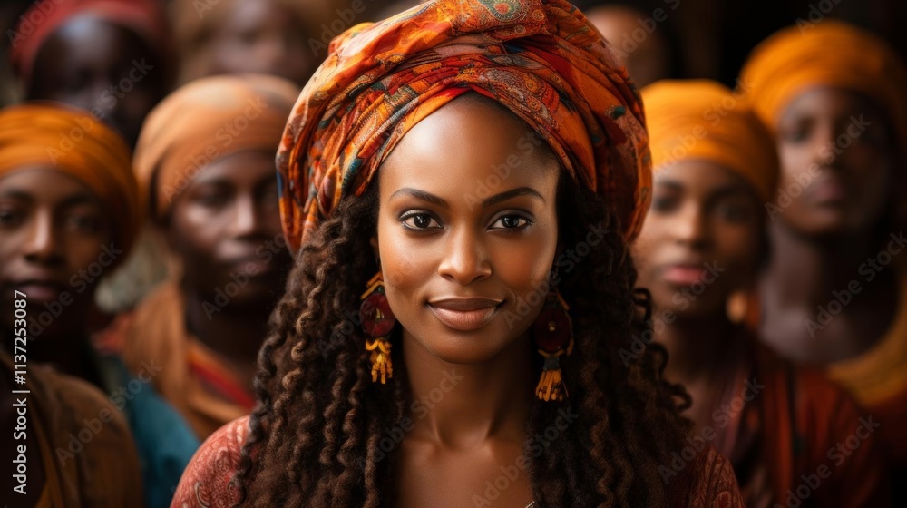 Obraz premium A woman with long hair and a colorful scarf on her head is smiling at the camera