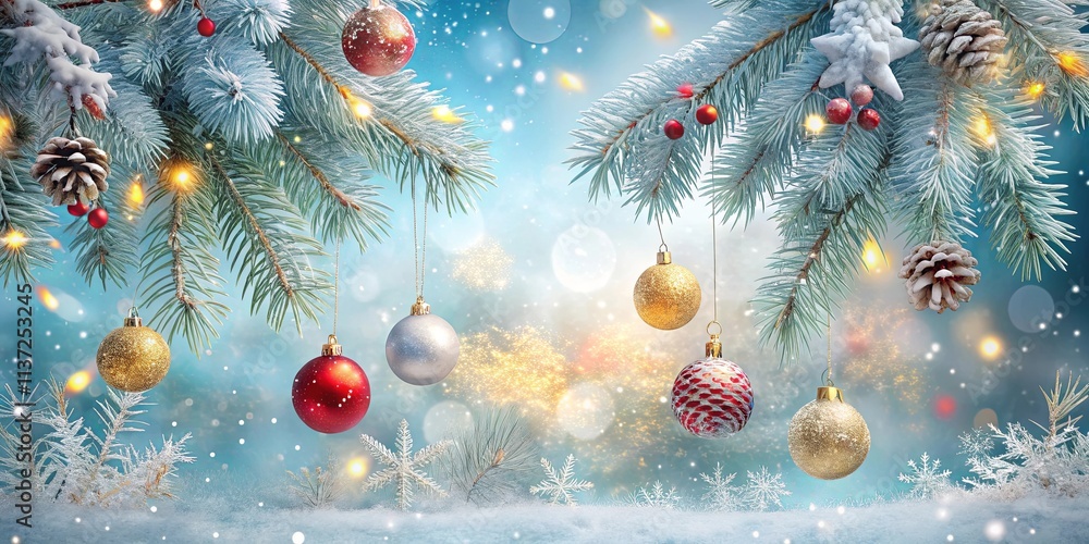 Frosted Pine Branches Adorned with Festive Ornaments and Twinkling Lights Against a Snowy Winter Landscape Frosted Pine Branches Adorned with Festive Ornaments and Twinkling Lights Against a Snowy Winter Landscape