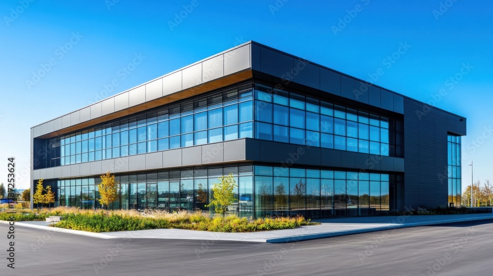 Modern office building, glass walls, landscaping. Modern office building, glass walls, landscaping.