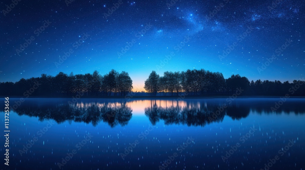 Trees, lake, stars reflect; calm night. Trees, lake, stars reflect; calm night.