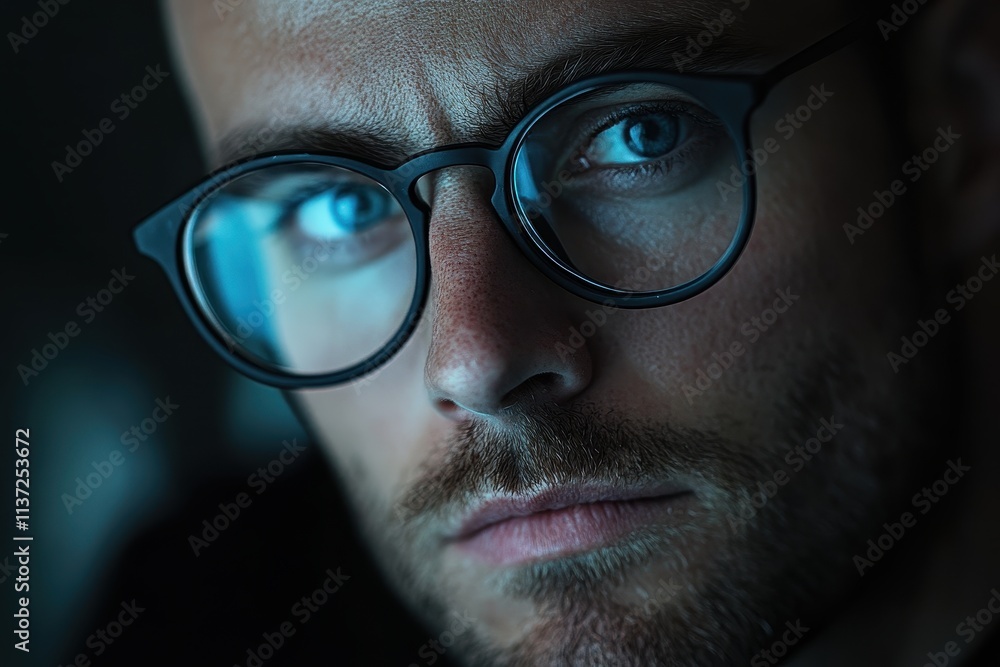 Close-up of a man's face, wearing glasses, serious expression. Ideal for themes of focus, concentration, or digital work. Close-up of a man's face, wearing glasses, serious expression. Ideal for themes of focus, concentration, or digital work.