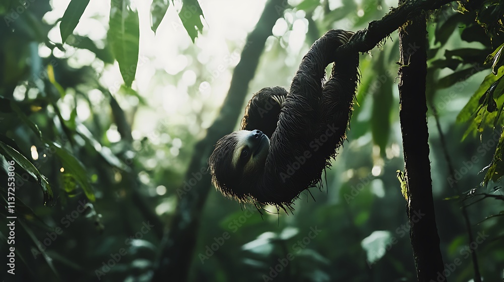 Three toed sloth hangs from a rainforest tree Three toed sloth hangs from a rainforest tree