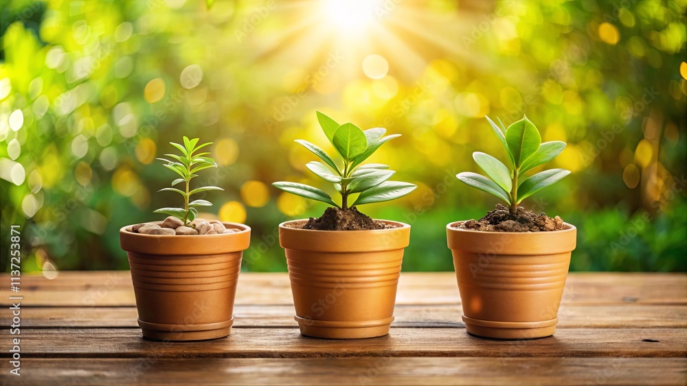 Obraz premium Three potted plants on a wooden surface with a blurred natural background, showcasing the beauty of growth and resilience.