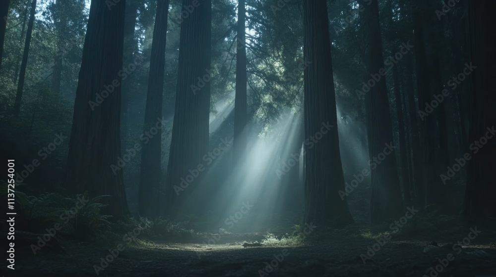 Naklejka premium Sunbeams in Misty Redwood Forest