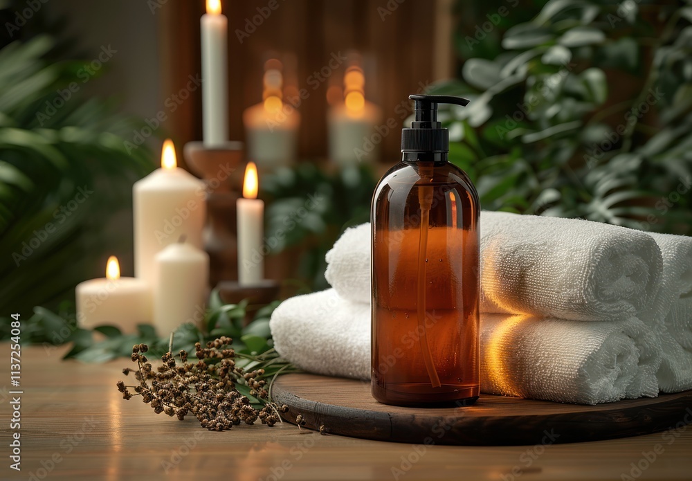 Spa Essentials: Amber Bottle, White Towels, and Candles Spa Essentials: Amber Bottle, White Towels, and Candles