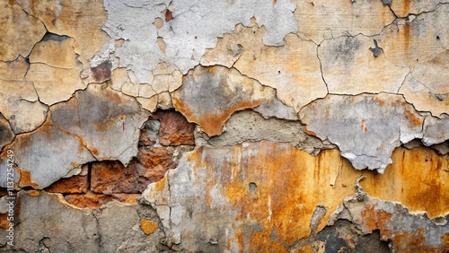 A weathered wall with peeling paint and cracked plaster reveals layers of history and the passage of time.