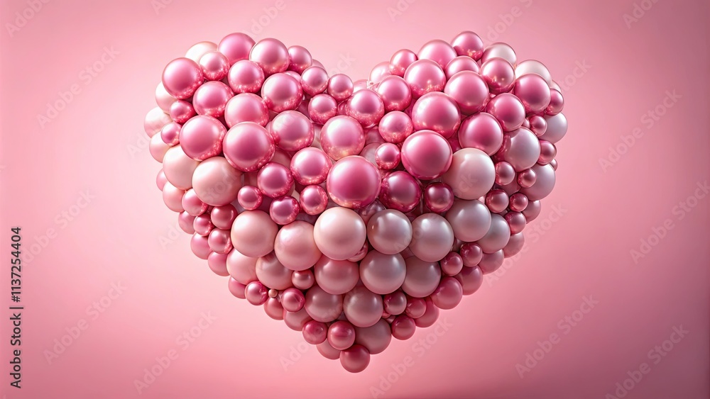 A heart formed by a multitude of iridescent pink spheres, a symbol of love and joy, adorned with a soft, blush backdrop. A heart formed by a multitude of iridescent pink spheres, a symbol of love and joy, adorned with a soft, blush backdrop.