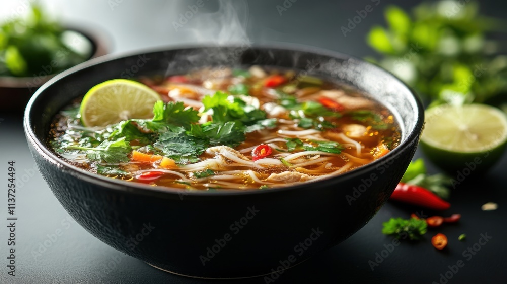 Steaming Pho bowl, noodles, lime, herbs. Steaming Pho bowl, noodles, lime, herbs.