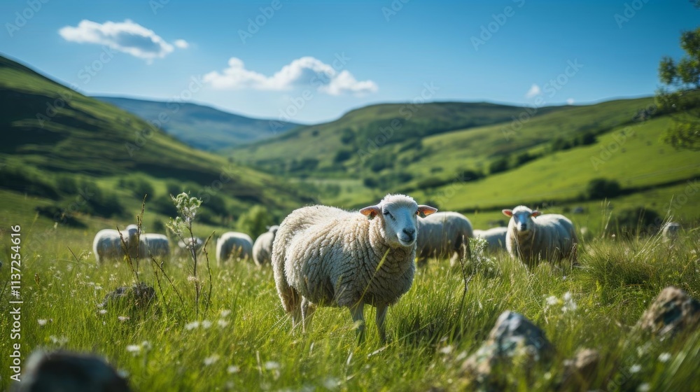 Fototapeta premium A herd of sheep are grazing in a grassy field