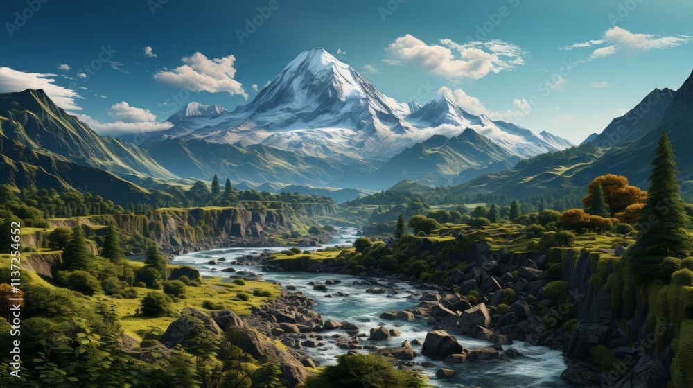 Fototapeta premium A mountain range with a river running through it