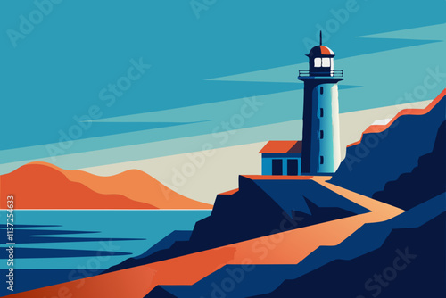 A flat design of a lighthouse overlooking a rocky shoreline with waves crashing below